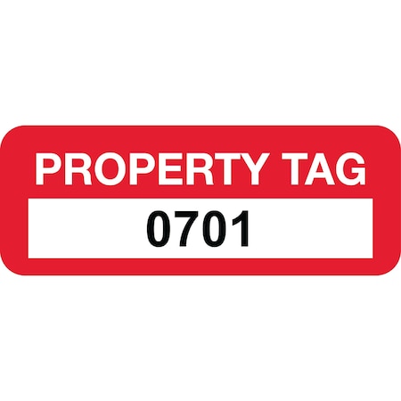 Lustre-Cal Property ID Label PROPERTY TAG Polyester Dark Red 2in x 0.75in  Serialized 0701-0800, 100PK 253744Pe1Rd0701